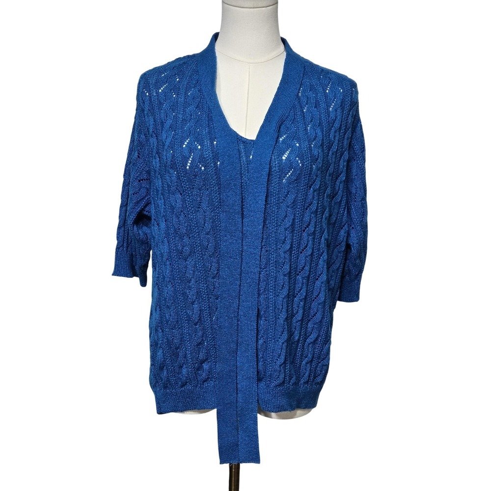 Jantzen Womens Large Cable Knit Pullover Blue Open Front 3/4 Sleeve Sweater